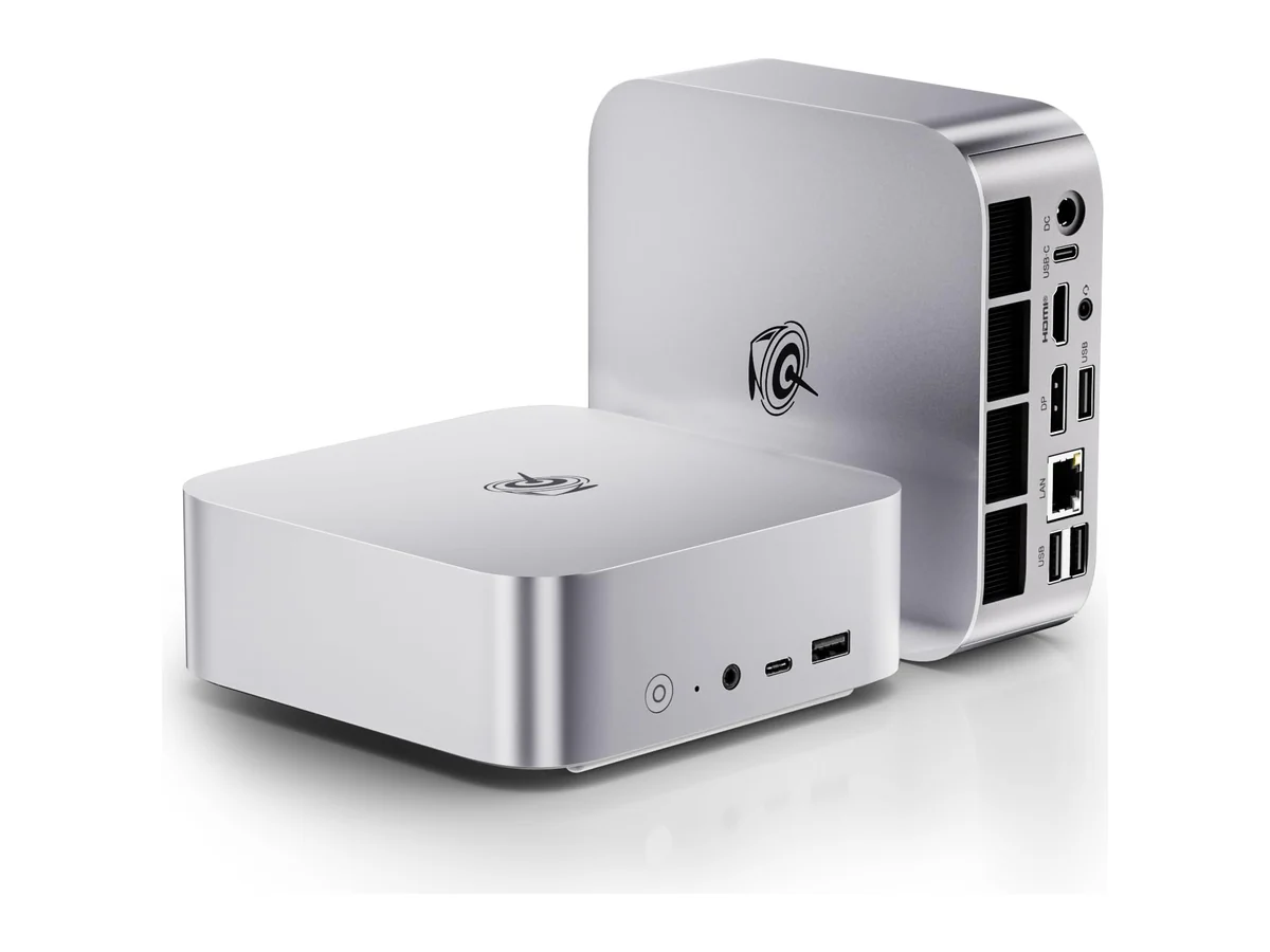 Mini PC Beelink SER8: dos unidades, una de frente y otra mostrando los puertos traseros.